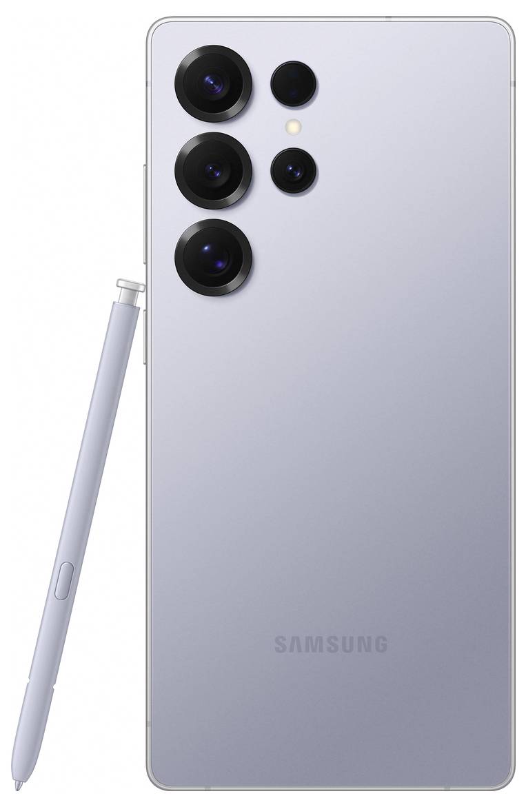 Ein silbernes Smartphone, Rückansicht. Vier Kameras oben, daneben ein S-Pen. Markennamen unten eingraviert.