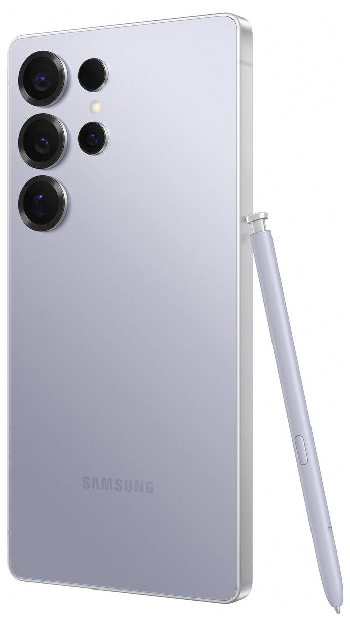 Rückansicht eines modernen Smartphones in Silber mit vier Kameralinsen und einem beigelegten Stift. Markenname auf der Rückseite sichtbar.