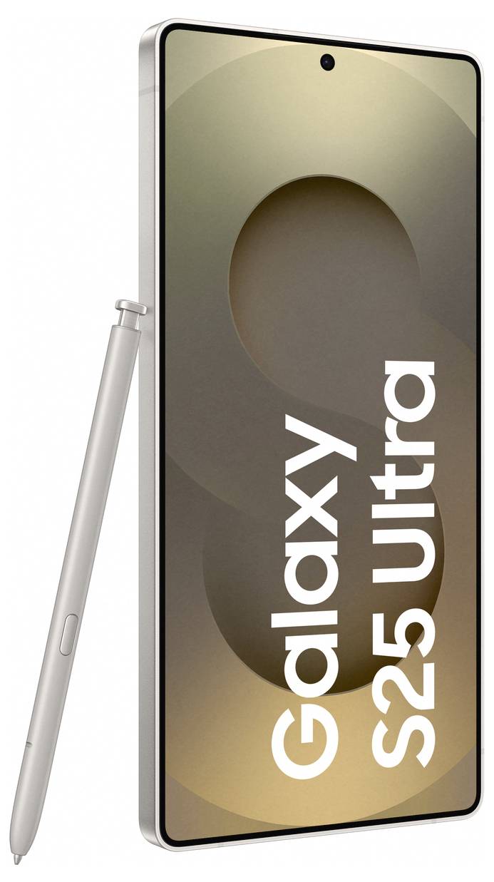 Smartphone 'Galaxy S25 Ultra' in Silber mit Stylus, vertikal dargestellt. Hauptmerkmal ist das große Display mit schmalen Rändern.