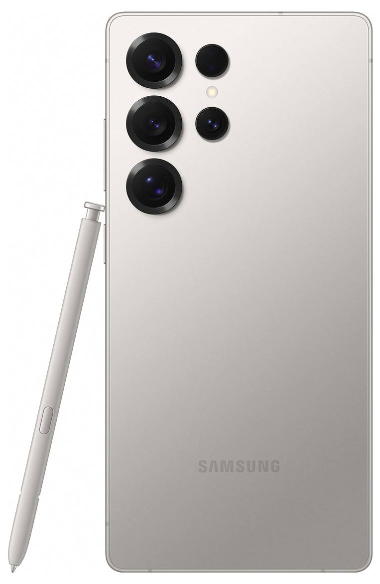 Smartphone mit vier Kameras und einem Stylus seitlich. Farbe: Silber. Marke: Samsung.