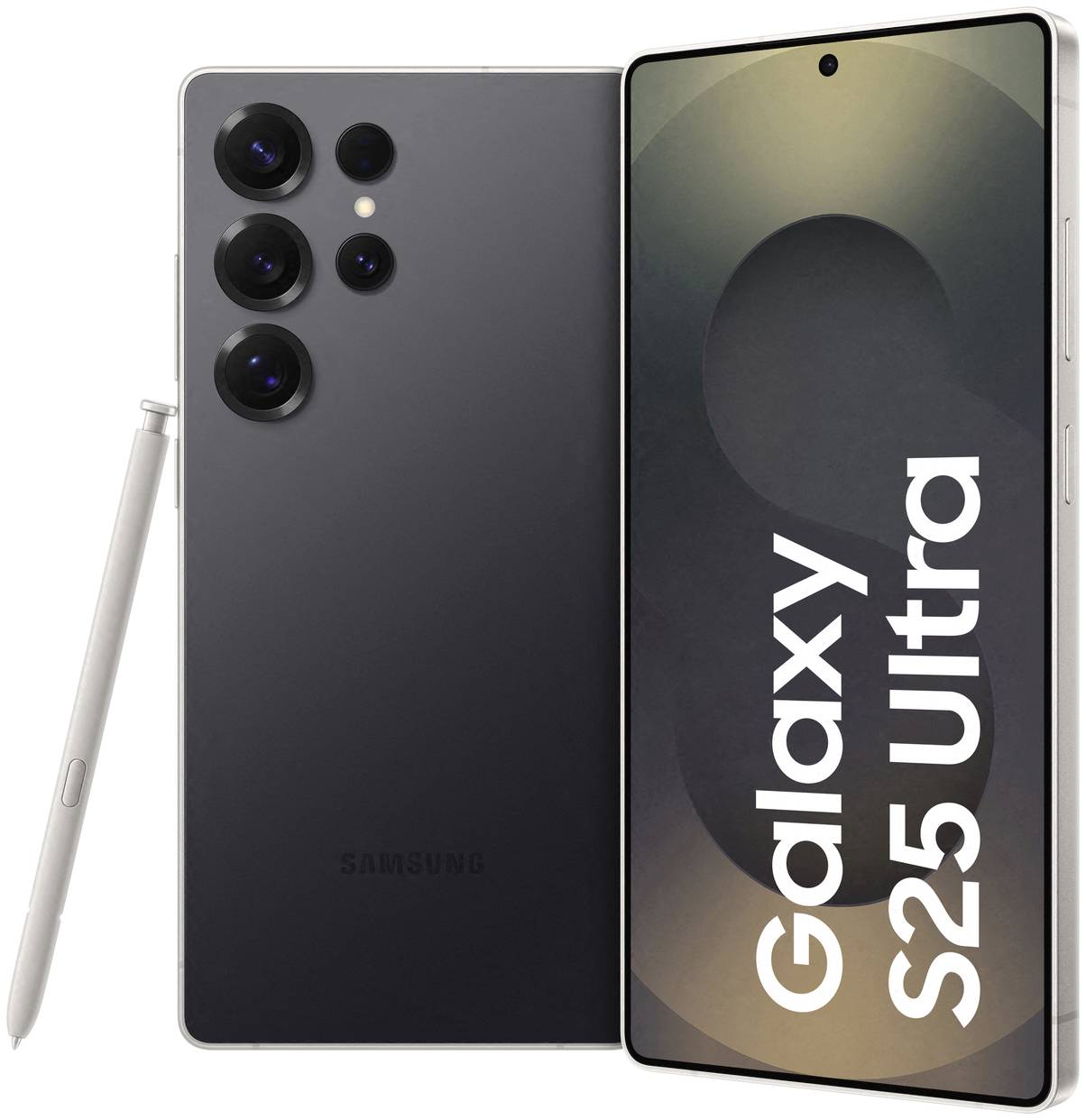 Smartphone 'Samsung Galaxy S25 Ultra' in Schwarz mit Stift. Zeigt Vorder- und Rückseite, moderne Kamera und schlankes Design.