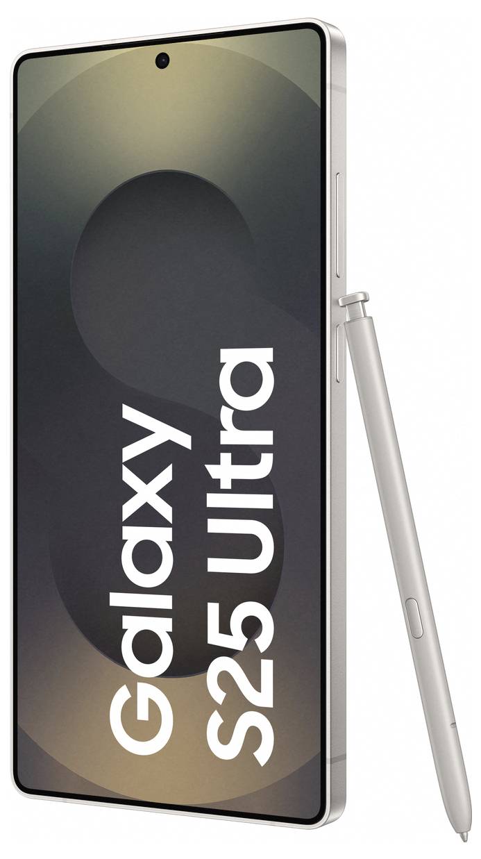 Ein modernes Smartphone, das Galaxy S25 Ultra, mit einem S Pen an der Seite. Das Display zeigt das Gerätelogo.