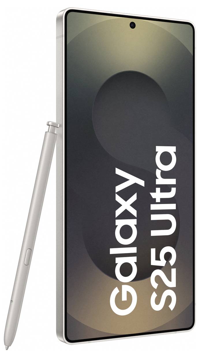 Smartphone im Hochformat mit silbernem Rahmen und integriertem Stift. Display zeigt 'Galaxy S25 Ultra'.