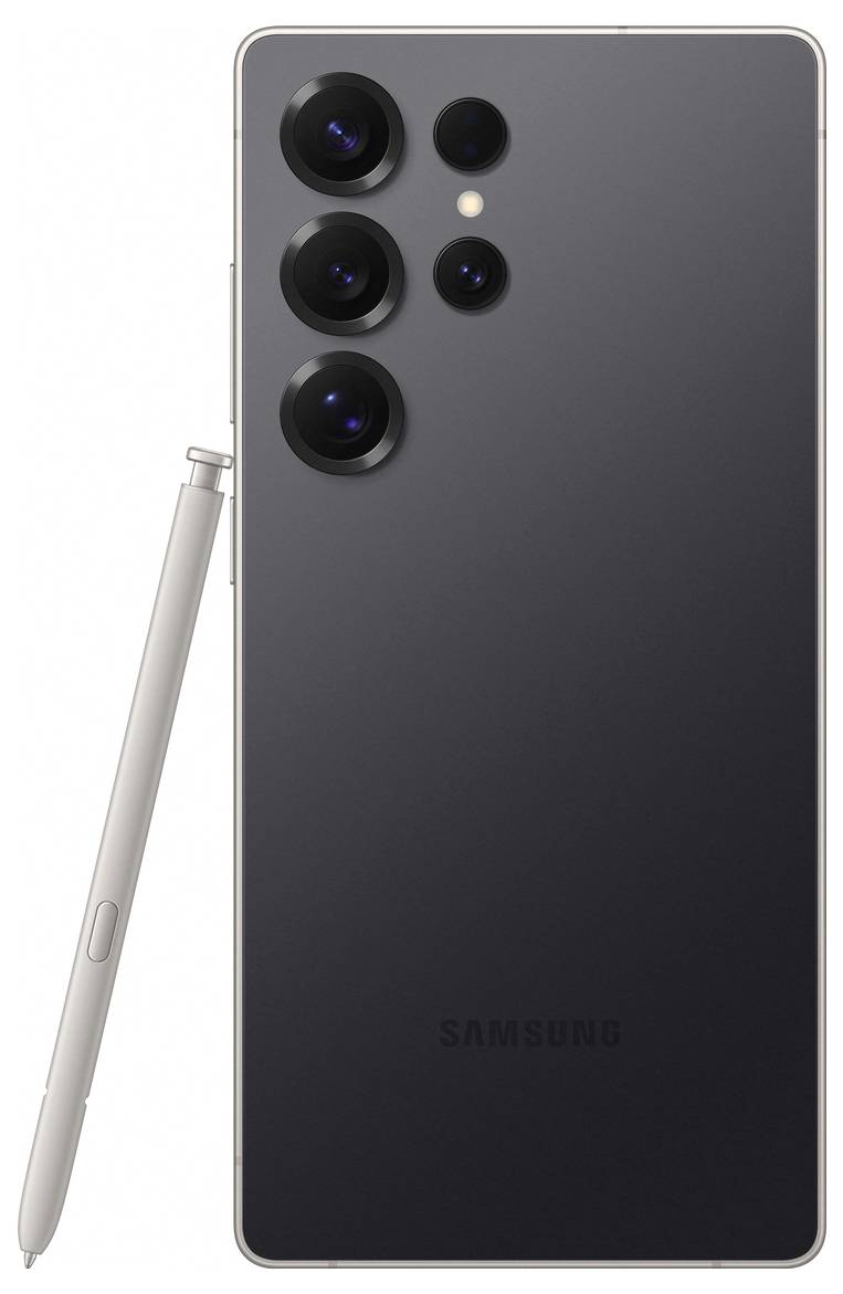 Schwarzes Smartphone mit drei Kameralinsen und einem Stift an der Seite. Rückseite zeigt das Samsung-Logo.