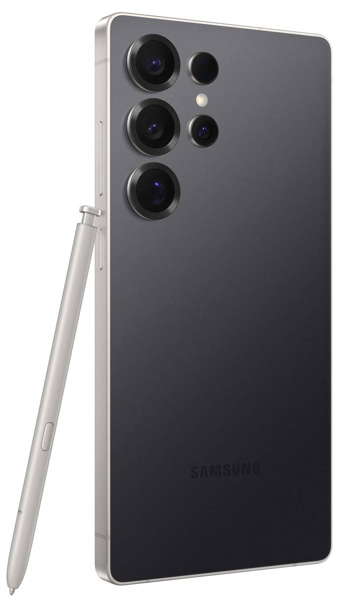 Ein Smartphone mit drei Kameralinsen und einem Stift an der Seite. Es hat ein elegantes, modernes Design.