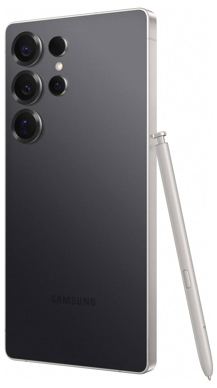 Ein modernes Smartphone in Dunkelgrau mit drei Kameralinsen auf der Rückseite und einem silbernen Stift daneben.