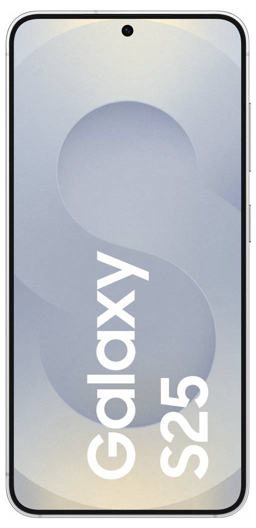 Smartphone mit großem Display, Aufschrift 'Galaxy S25'. Darstellung des Designs mit minimalistischem Hintergrund.