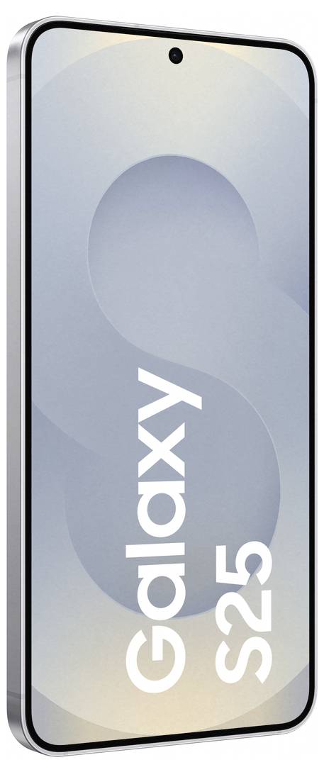 Smartphone mit seitlichem Blickwinkel. Auf dem Bildschirm steht 'Galaxy S25'. Hintergrund in Blautönen, modernes Design.