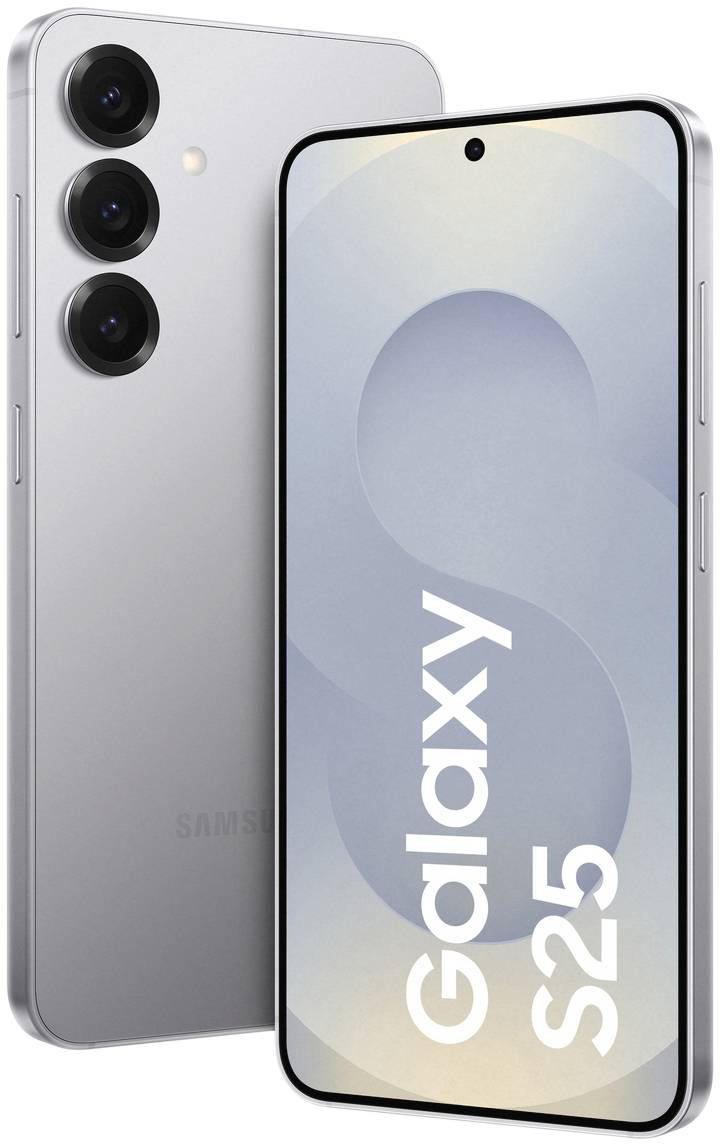 Smartphone 'Galaxy S25' in Silber mit drei Kameras auf der Rückseite. Das Display zeigt 'Galaxy S25' auf einem abstrakten Hintergrund.