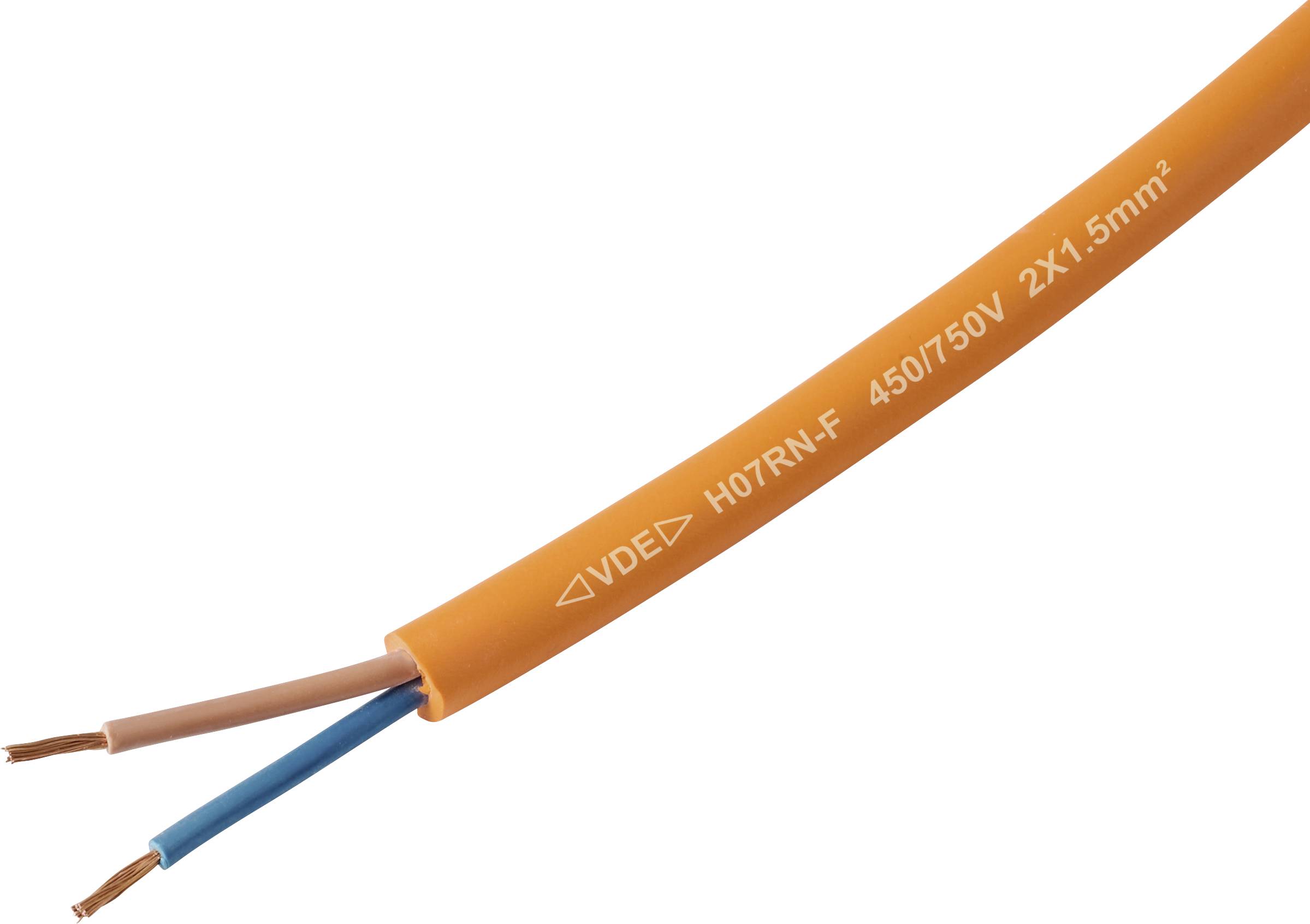 Ein orangefarbenes elektrisches Kabel mit zwei freiliegenden Kupferdrähten, einer braun und einer blau. Das Kabel ist mit '450/750V 2x1,5mm²' gekennzeichnet.