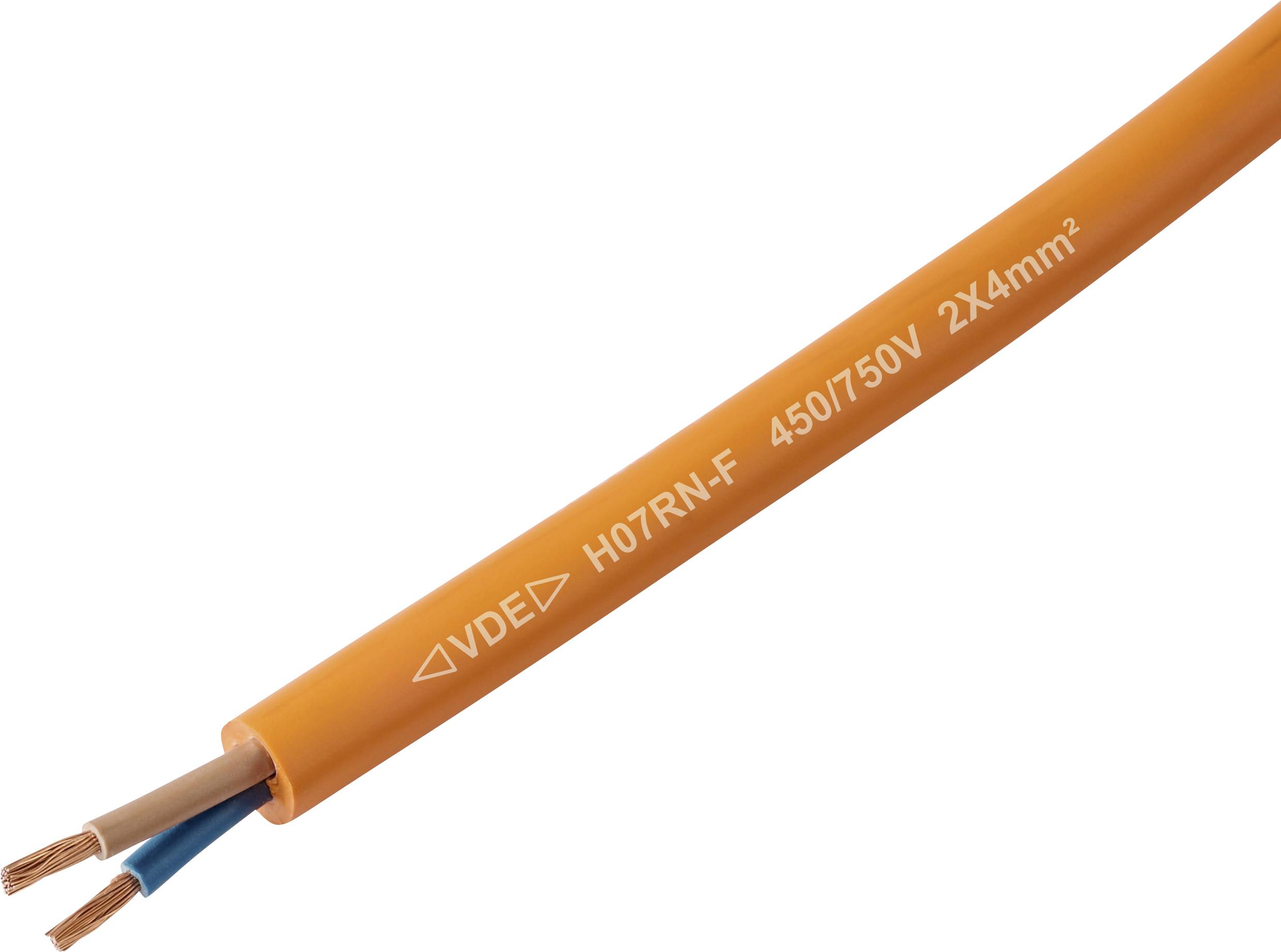 Orange elektrisches Kabel mit der Beschriftung 'VDE H07RN-F 450/750V 2x4mm²', das zwei freiliegende Kupferdrähte zeigt, einen in brauner Isolierung und den anderen in blauer Isolierung.