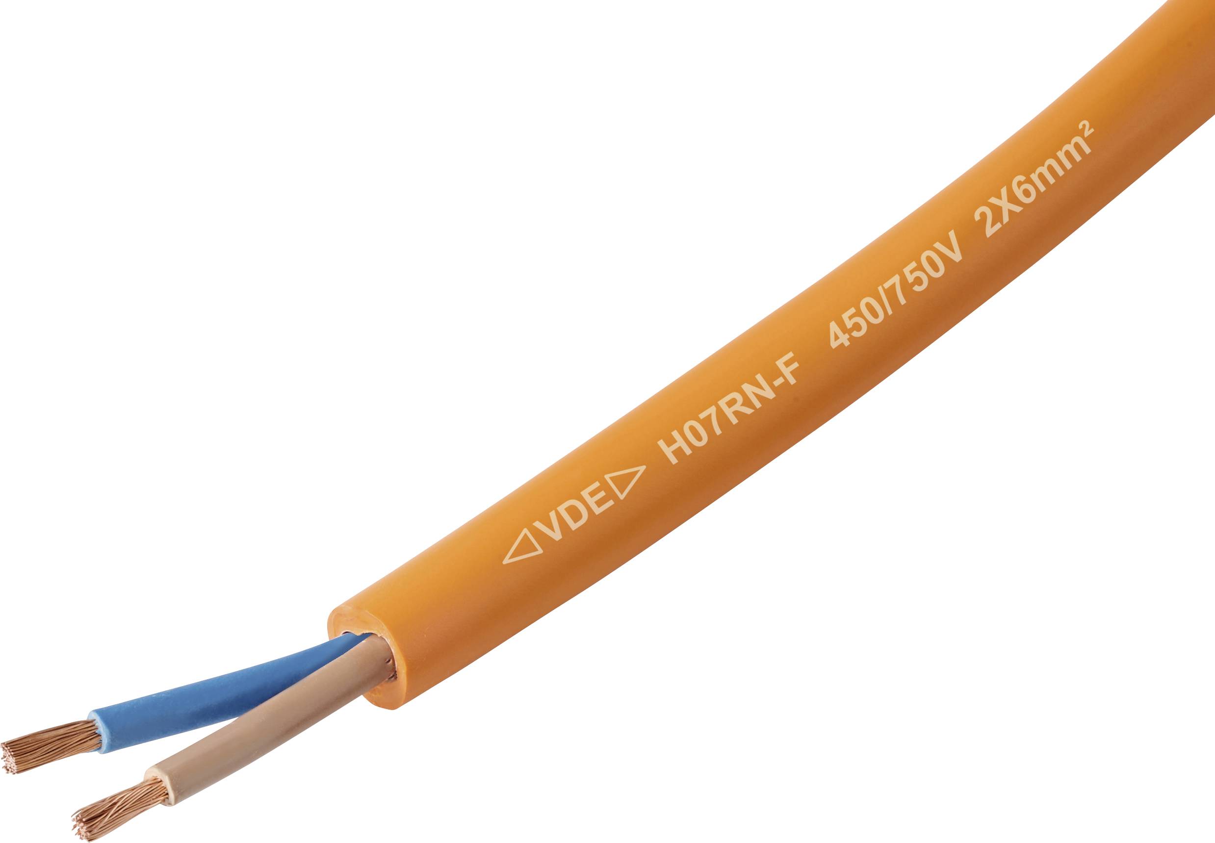 Ein orangefarbenes elektrisches Kabel mit der Markierung 'VDE H07RN-F 450/750 2x6mm²', das drei freigelegte Kupferdrähte in blauer und brauner Isolierung zeigt.