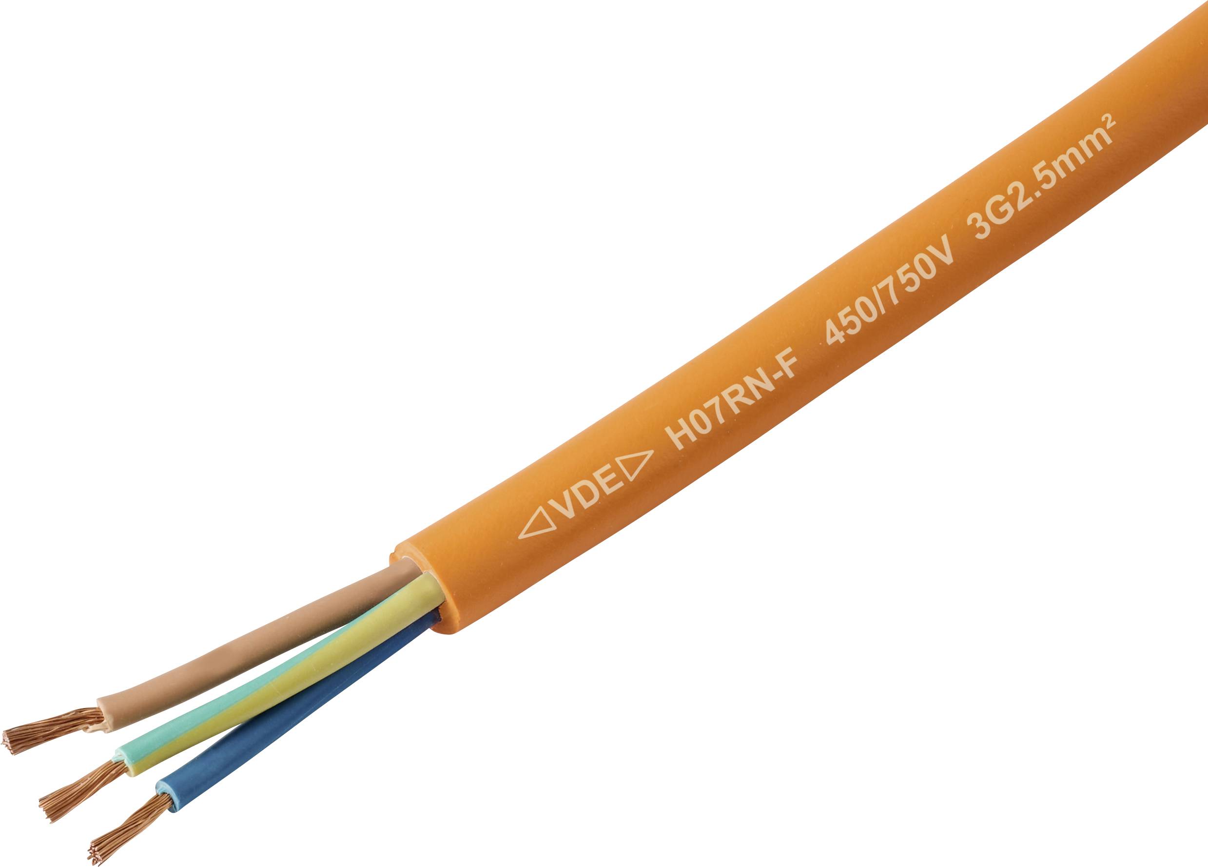 Ein orangefarbenes elektrisches Kabel mit drei freiliegenden Kupferdrähten, gekennzeichnet mit 'H07RN-F 450/750V 3G2.5mm²', verwendet für Stromnetzanschlüsse.