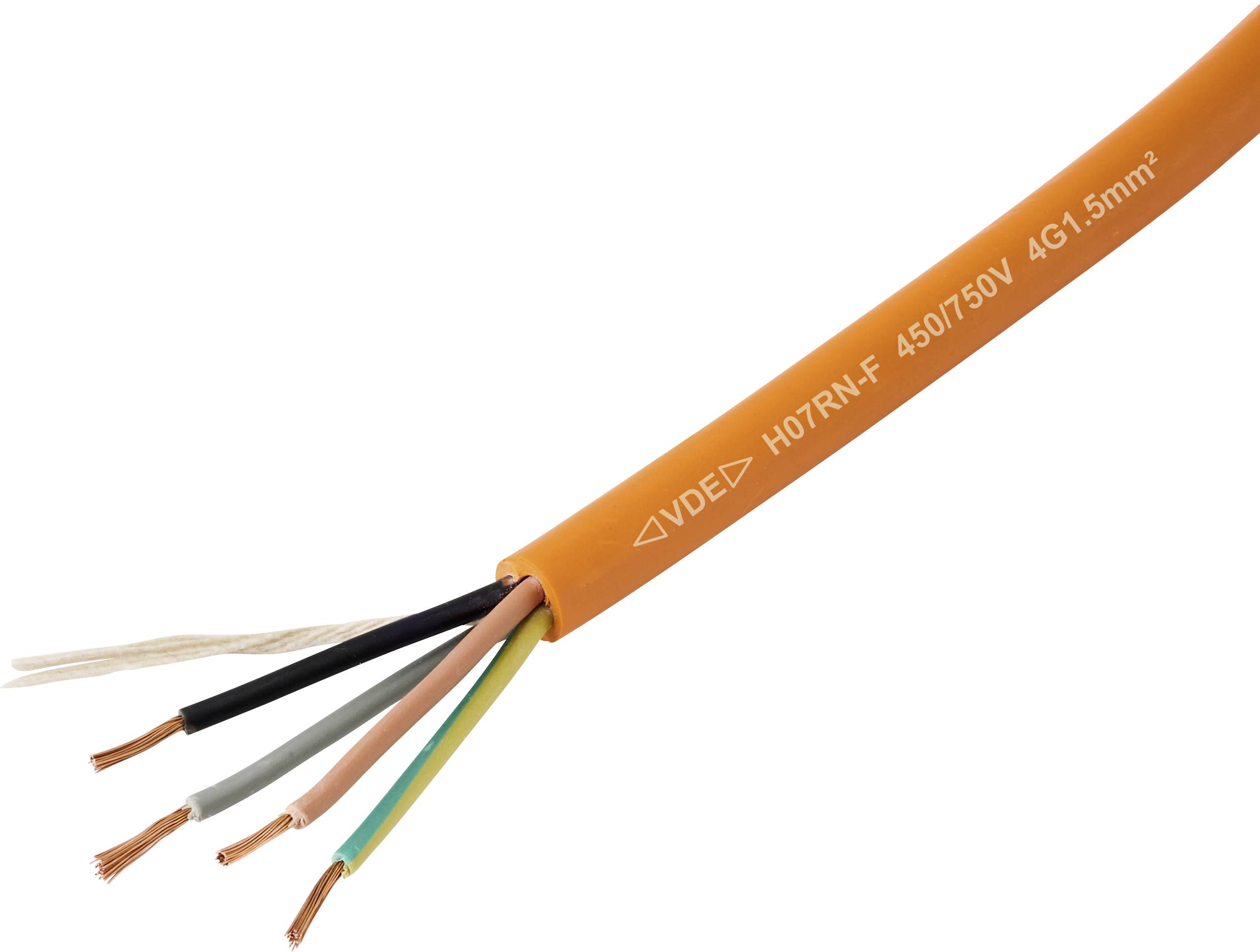 Ein orangefarbenes Elektrokabel mit fünf freigelegten Kupferdrähten, gekennzeichnet mit 'VDE H07RN-F 450/750V 4G1.5mm²', verwendet für industrielle Verdrahtung.
