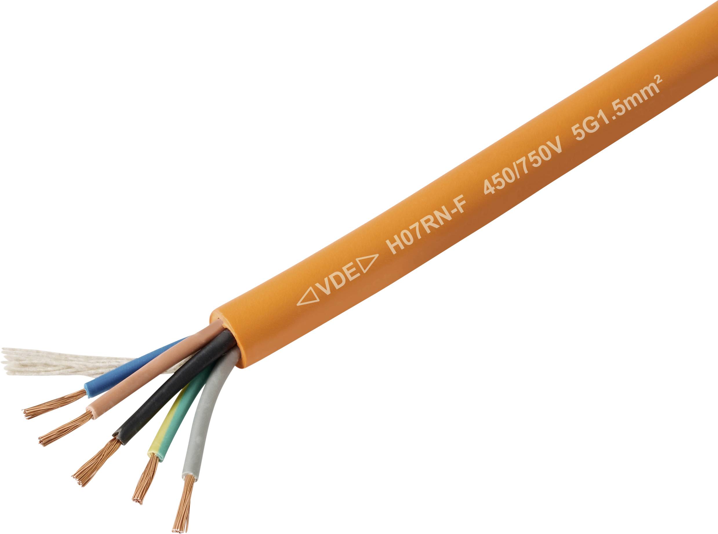Ein orangefarbenes elektrisches Kabel mit mehreren farbigen Leitern, die am Ende freigelegt sind, mit der Beschriftung '450/750V 5G1.5mm²', die Spannungs- und Querschnittsdetails anzeigt.