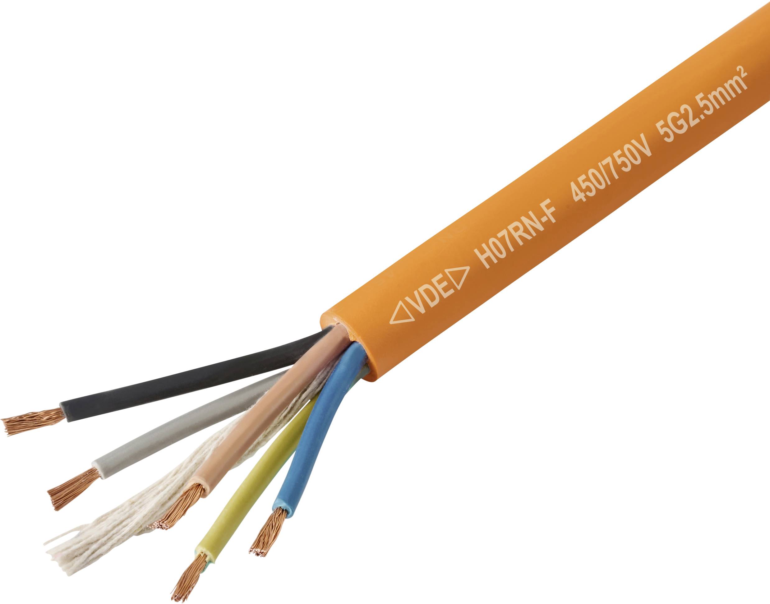 Ein orangefarbenes elektrisches Kabel mit verschiedenfarbigen freigelegten Leitern an einem Ende, gekennzeichnet mit 'H07RN-F 450/750V 5G2.5mm²'.