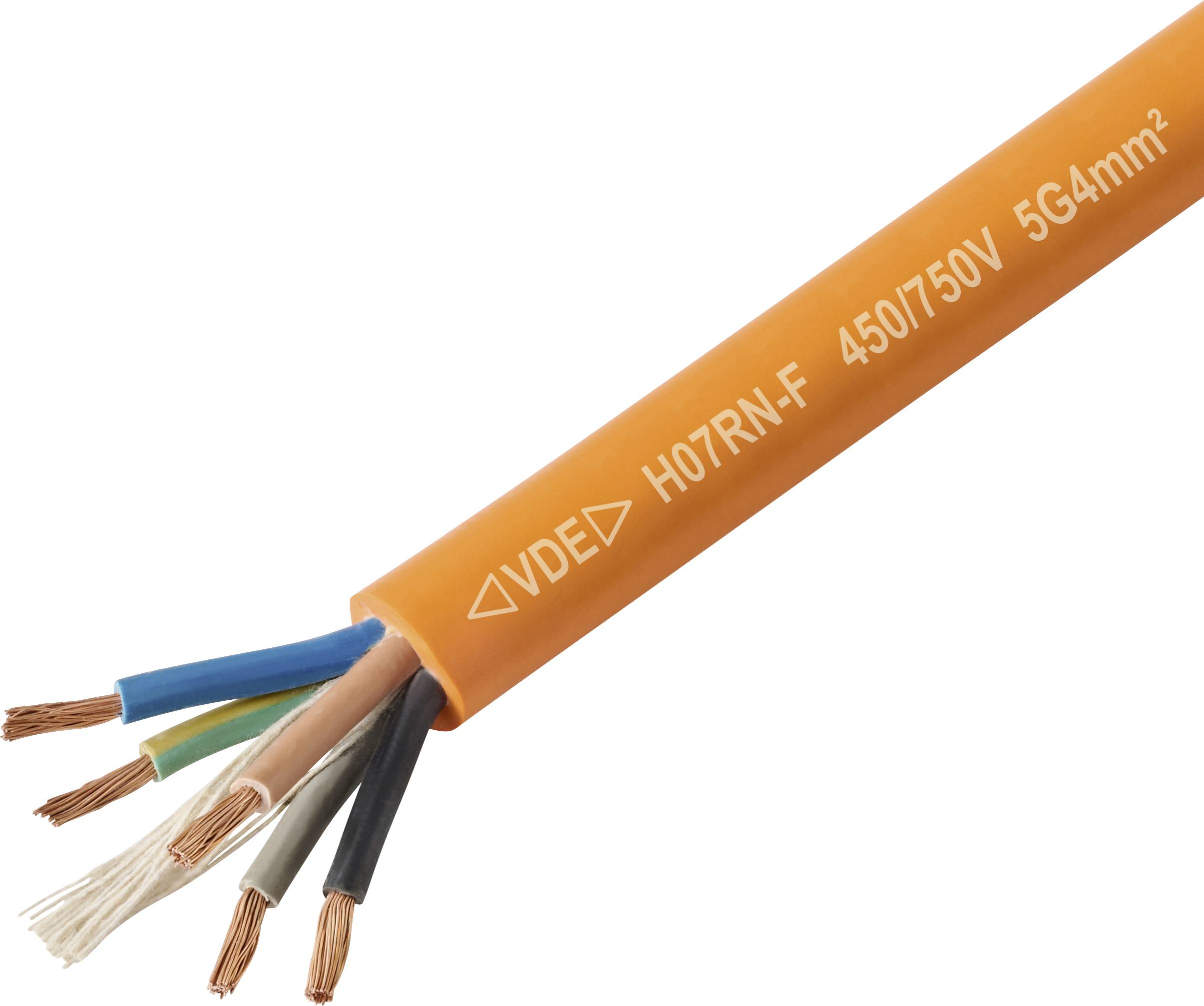 Orangefarbenes Elektrokabel mit freiliegenden Kupferdrähten. Markierung: VDE H07RN-F 450/750V 5G4mm².