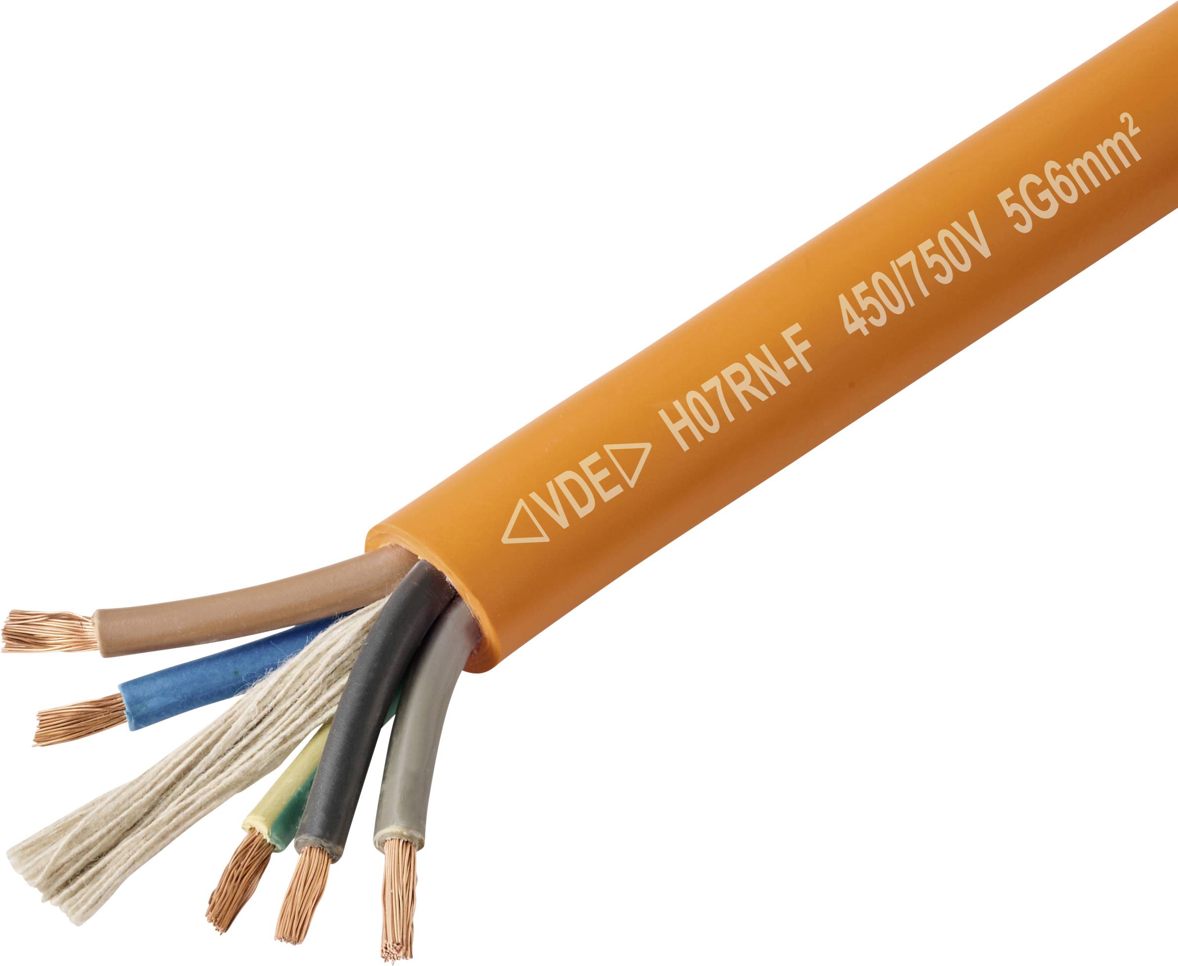 Ein orangefarbenes Elektrokabel mit freiliegenden Kupferdrähten, gekennzeichnet mit 'H07RN-F 450/750V 5G6 mm²', das für robuste industrielle Anwendungen verwendet wird.