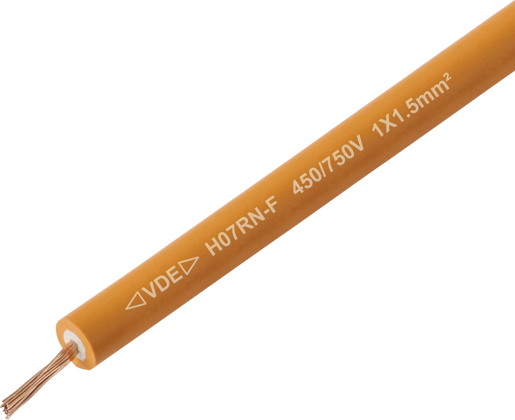 Ein orangefarbenes elektrisches Kabel mit freiliegenden Kupferdrähten und weißer Beschriftung: 'VDE H07RN-F 450/750V 1x1.5mm²'.