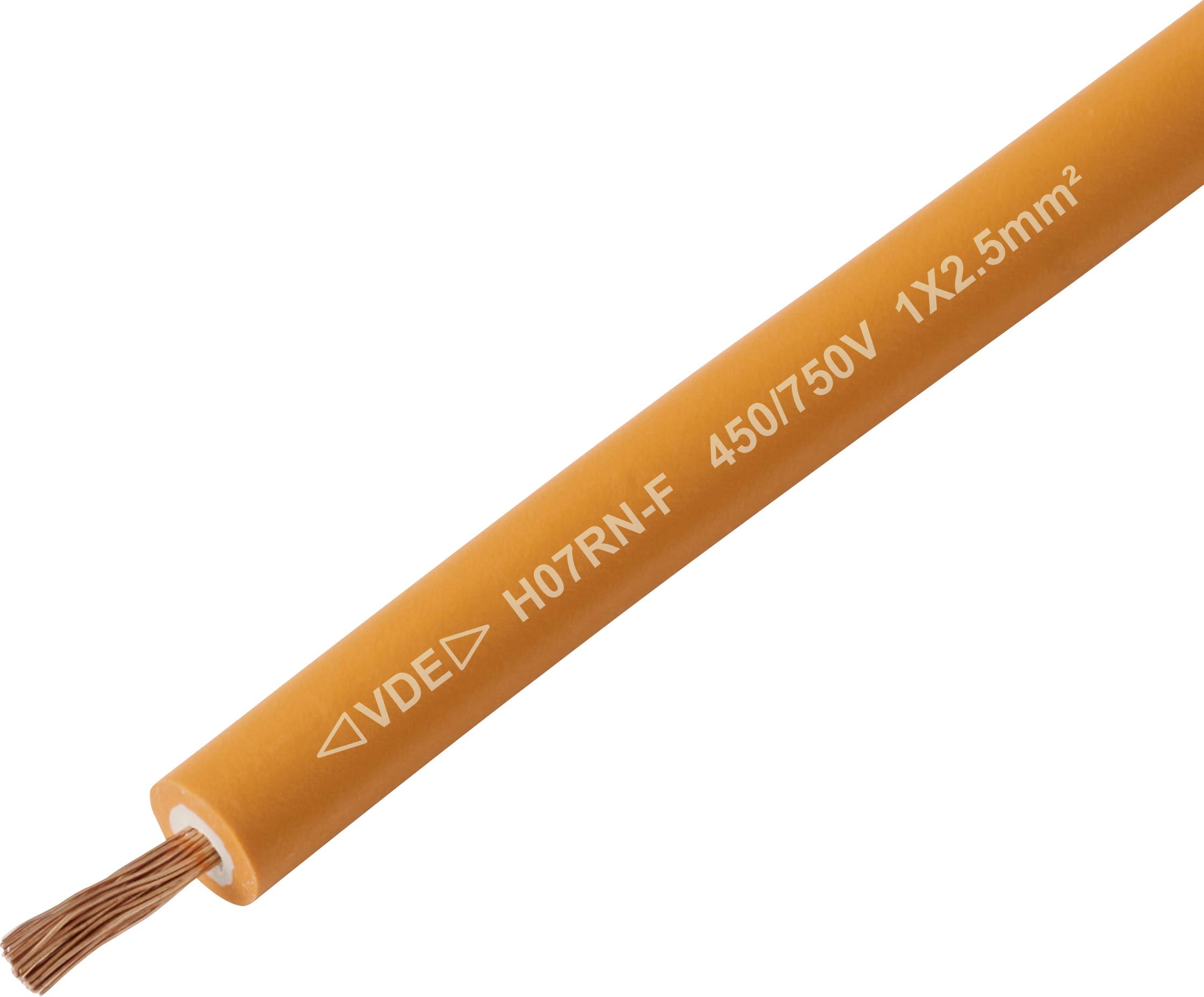 Ein orangefarbenes elektrisches Kabel mit sichtbarem Kupferdraht an einem Ende. Markierungen zeigen 'VDE H07RN-F 450/750V 1X2.5mm²'.