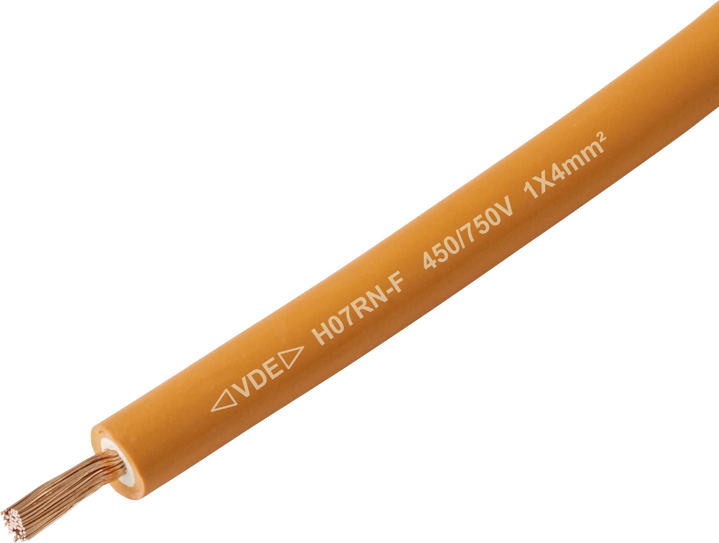 Ein orangefarbenes VDE H07RN-F Kabel mit freiliegendem Kupferdraht, gekennzeichnet mit '450/750V 1x4mm²', zur Angabe der elektrischen Spezifikationen und des Typs.