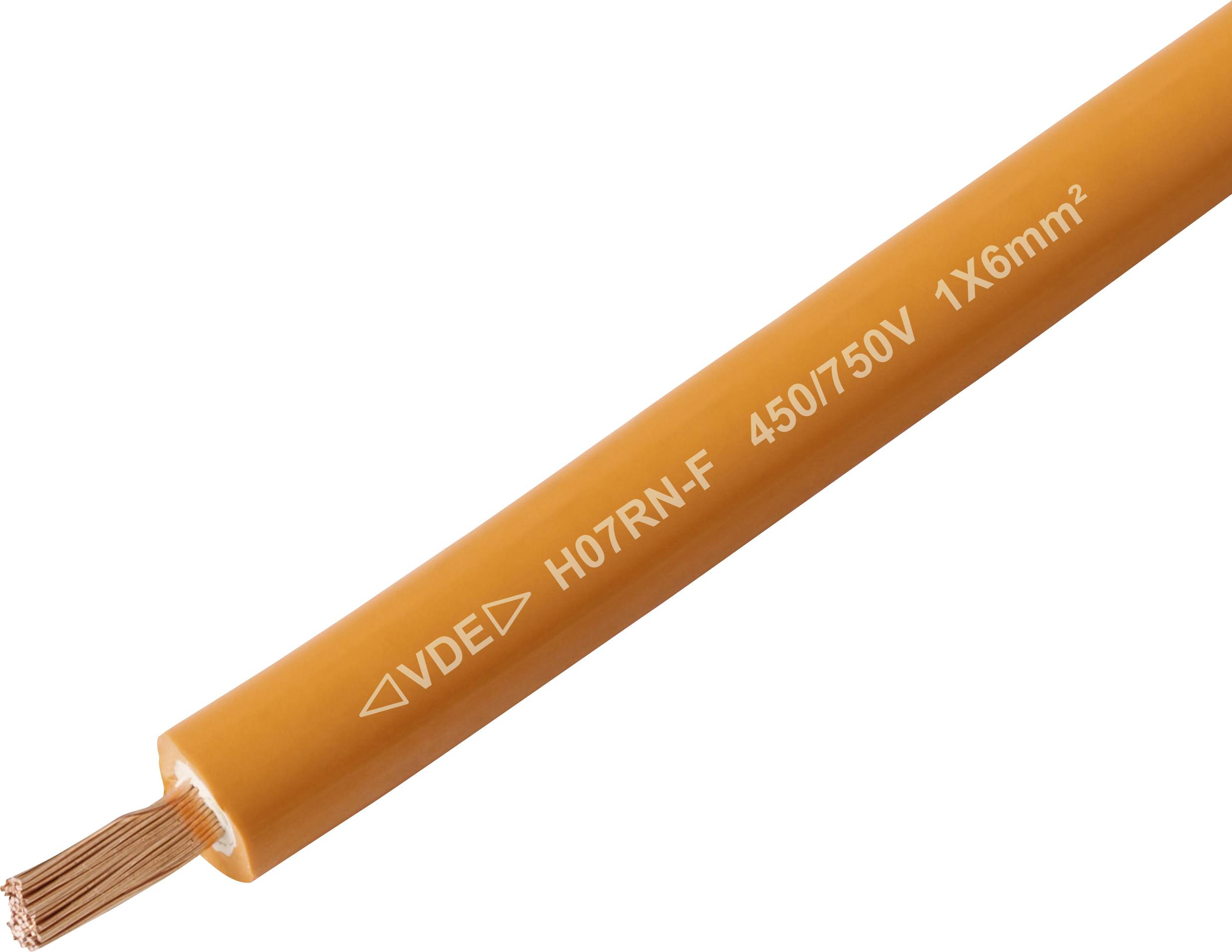 Orangefarbenes Elektrokabel der Marke H07RN-F 450/750V 1X6mm², geeignet für Stromübertragung.