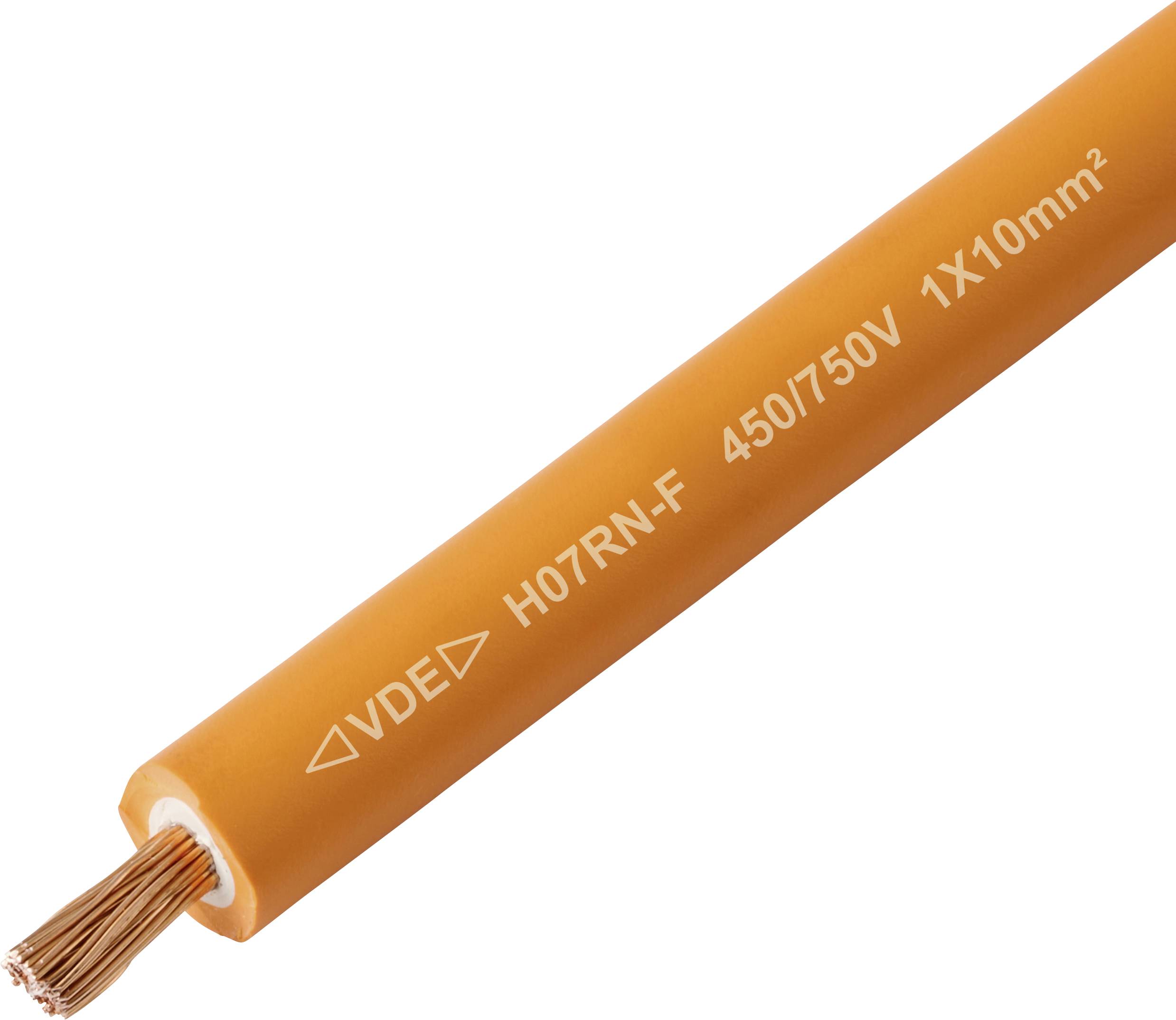 Ein orangefarbenes Elektrokabel mit der Kennzeichnung 'H07RN-F 450/750V 1x10mm²', das seine Typ-, Spannungs- und Größenspezifikationen angibt.