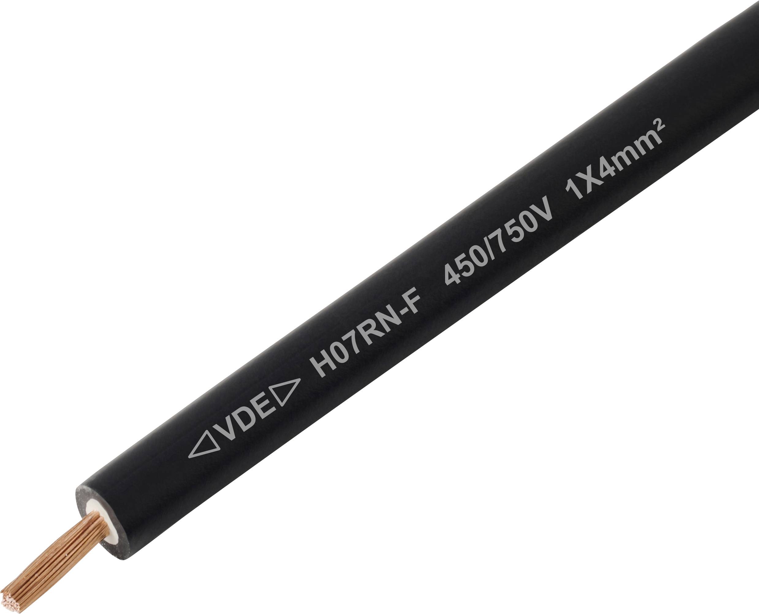Ein einadriges Elektrokabel, gekennzeichnet mit 'VDE H07RN-F 450/750V 1X4mm²', mit freiliegendem Kupferdraht an einem Ende, geeignet für industrielle Anwendungen.