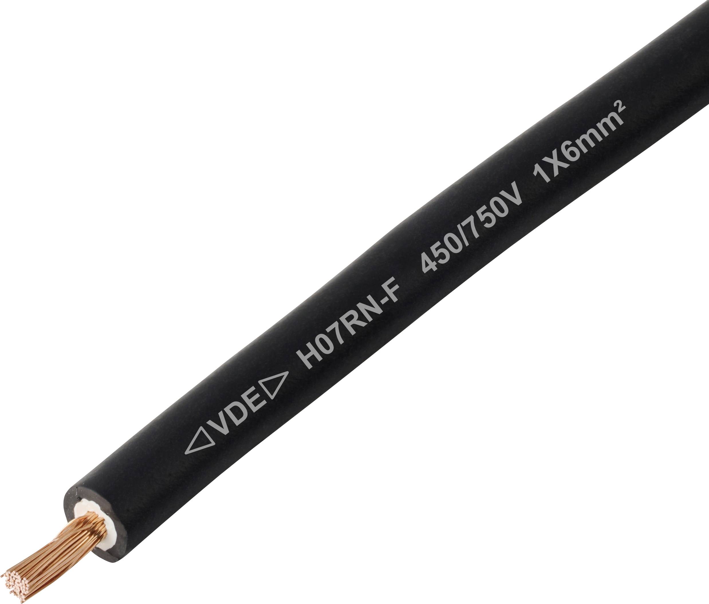 Ein schwarzes elektrisches Kabel mit der Beschriftung 'VDE H07RN-F 450/750V 1X6mm²' mit freiliegendem Kupferdraht an einem Ende, verwendet für industrielle Anwendungen.