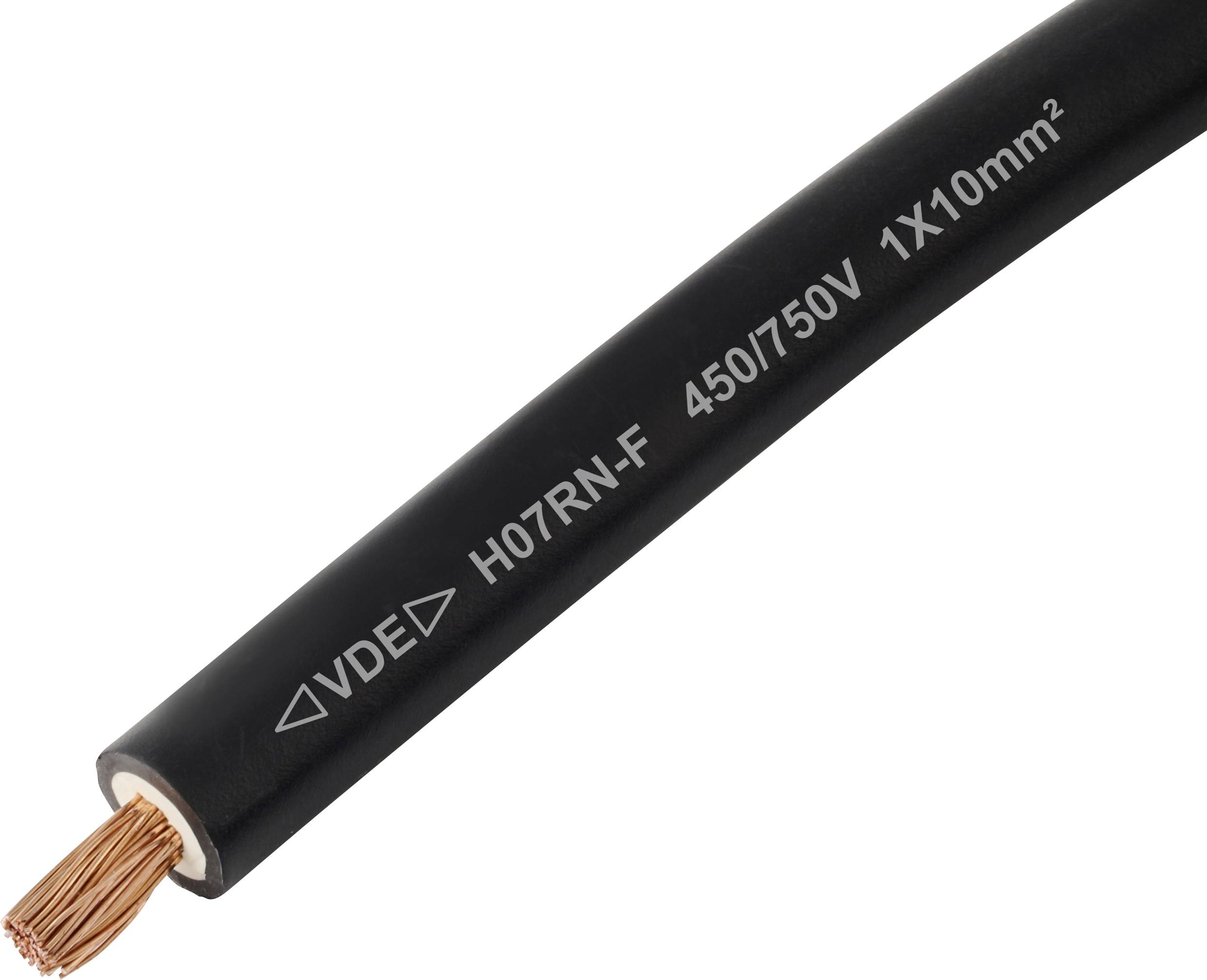 Ein schwarzes elektrisches Kabel mit der Aufschrift '450/750V 1X10mm²', an dessen Enden die Kupferdrähte freigelegt sind und dessen Spannungs- und Größenspezifikationen erkennbar sind.