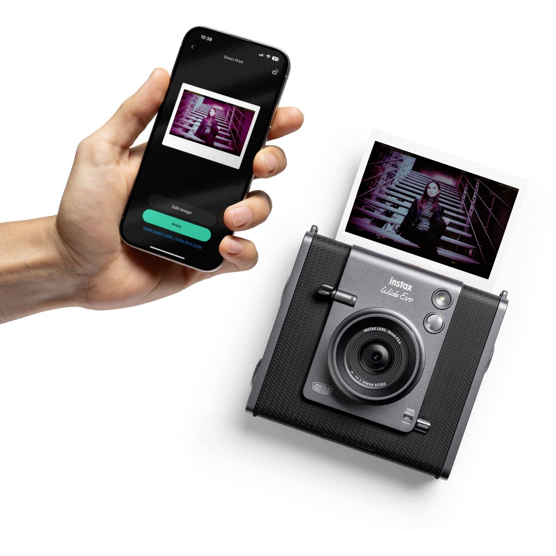 Fujifilm Instax Wide Evo Sofortbildkamera Schwarz Bluetooth, Integrierter Akku, mit eingebautem Blitz