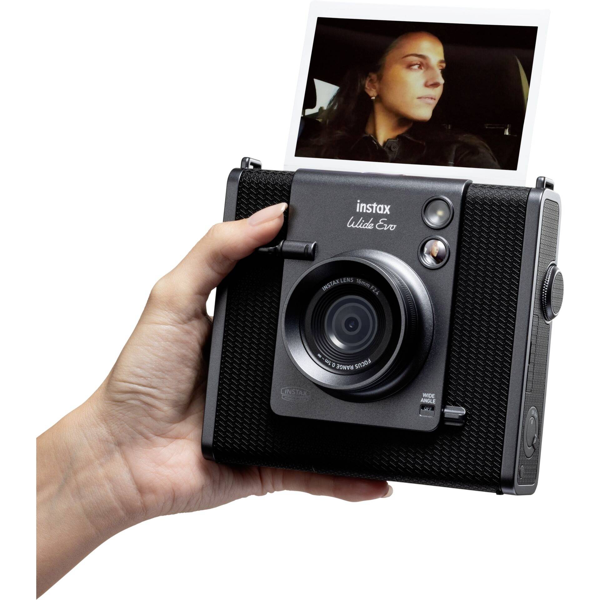 Fujifilm Instax Wide Evo Sofortbildkamera Schwarz Bluetooth, Integrierter Akku, mit eingebautem Blitz