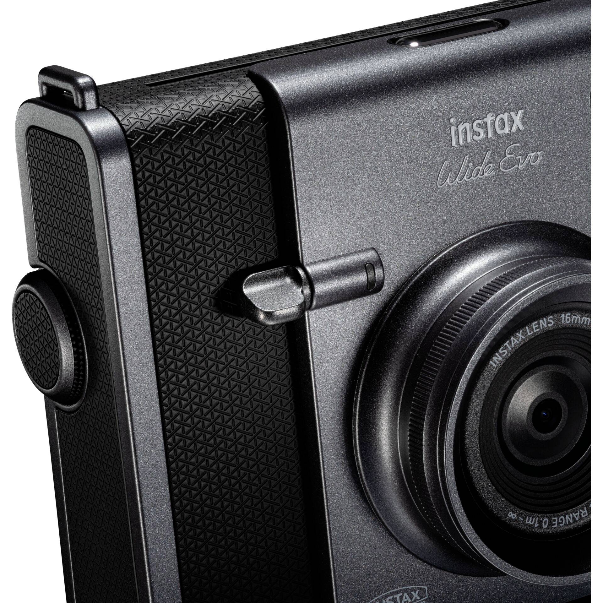 Fujifilm Instax Wide Evo Sofortbildkamera Schwarz Bluetooth, Integrierter Akku, mit eingebautem Blitz