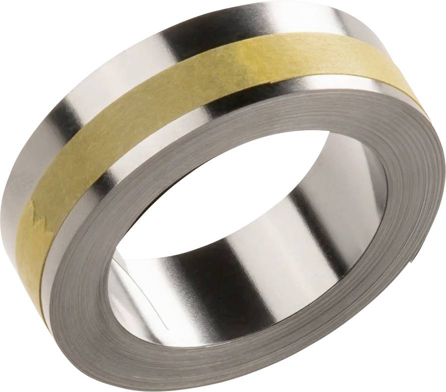 Silberner Metallstreifen, aufgerollt mit einem gelben Papierstreifen darauf.