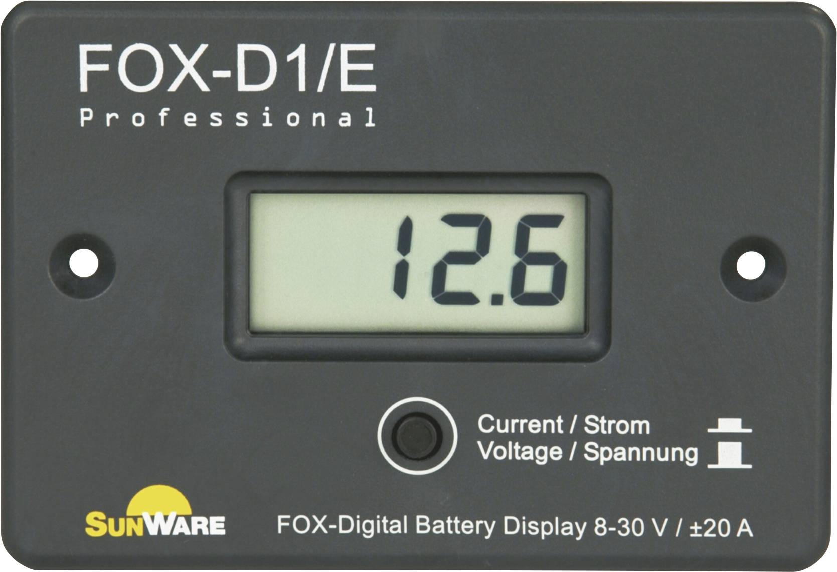 Digitales Batteriedisplay zeigt '12.6' an, mit der Anzeige 'Current/Strom, Voltage/Spannung'. Gerät von SunWare, Modell FOX-D1/E Professional.