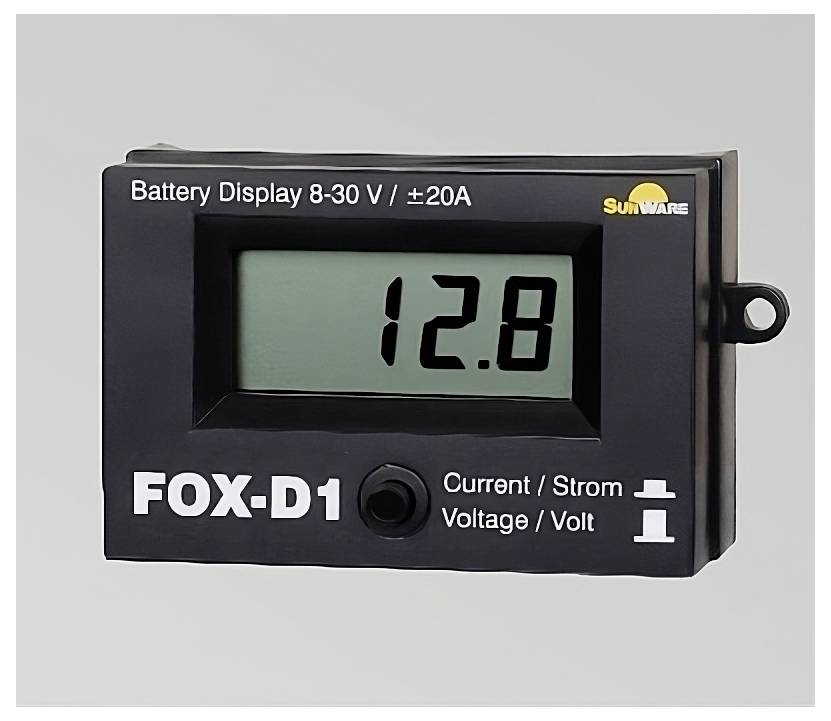 Elektronisches Display zeigt Batteriestatus: '12.8'. Oben Beschriftung 'Battery Display 8-30 V / ±20A', unten 'FOX-D1', 'Current/Strom', 'Voltage/Volt'.