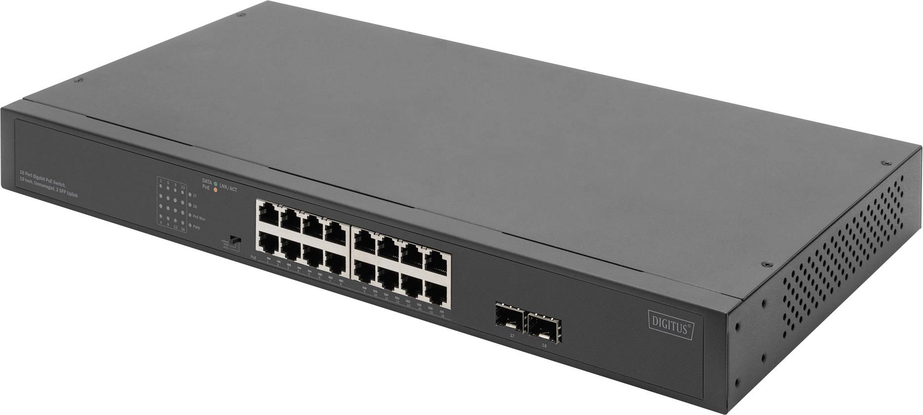 Ein schwarzer Netzwerk-Switch mit 16 Ethernet-Ports, LED-Anzeigen und zwei SFP-Anschlüssen. Geeignet für Büro-Netzwerkverbindungen.