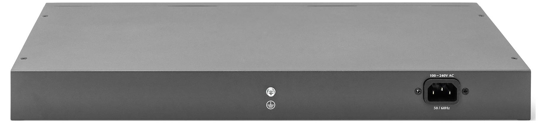 Ein rechteckiges, flaches elektronisches Gerät zeigt die Rückseite mit einem Netzkabelanschluss und zwei Ventilationsschlitzen.