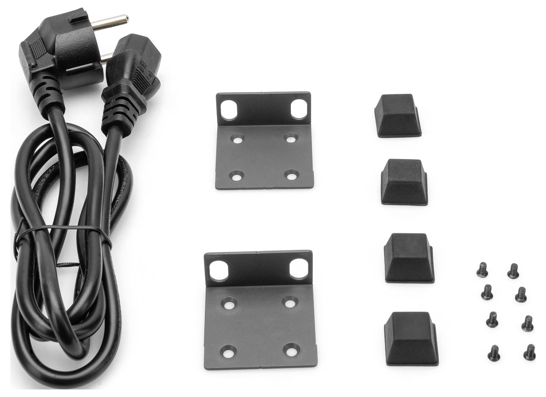 Abbildung zeigt ein Netzkabel, zwei Metallwinkel, vier Gummifüße und zehn Schrauben. Diese sind für die Montage oder Befestigung vorgesehen.