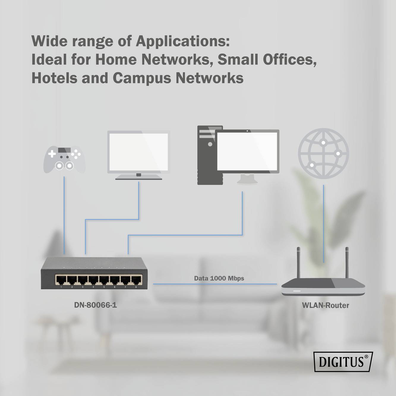 'Wide range of Applications: Ideal for Home Networks, Small Offices, Hotels and Campus Networks' Grafik zeigt Netzwerkgeräte verbunden mit einem Switch (DN-80066-1) und WLAN-Router.