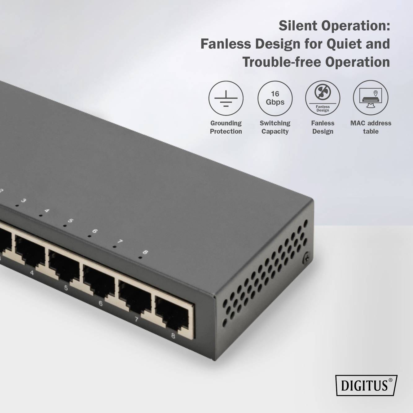Ein schwarzer Netzwerk-Switch mit acht Ethernet-Ports. Text oben beschreibt leisen, lüfterlosen Betrieb und bietet technische Details.