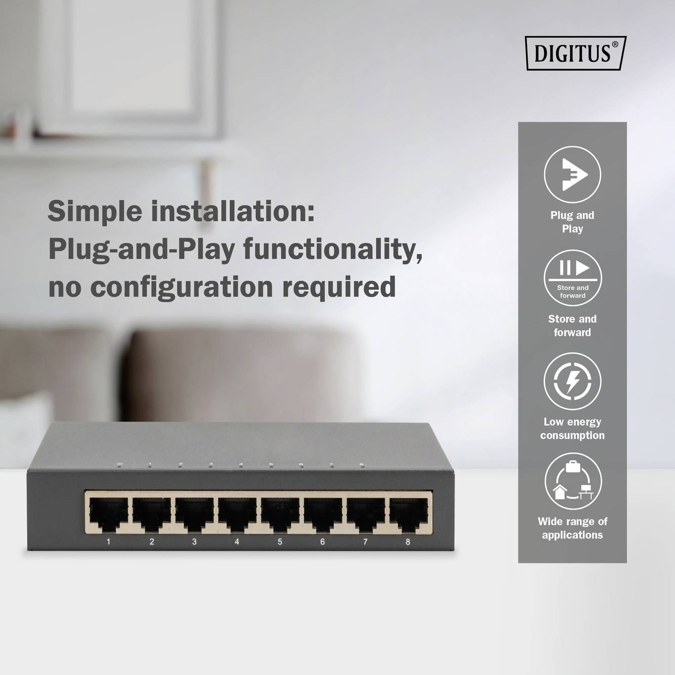 Ein schwarzer 8-Port-Netzwerk-Switch auf einem Tisch mit Text: 'Einfache Installation, Plug-and-Play, keine Konfiguration nötig'.