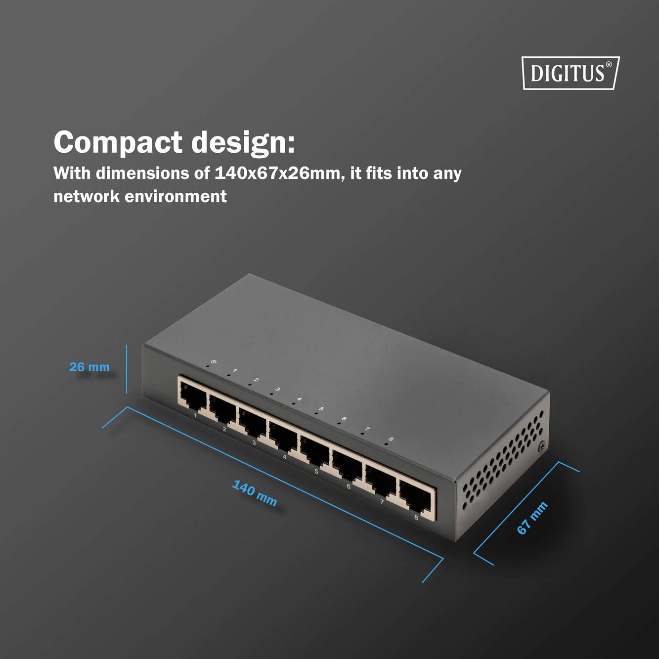 Kompakter Netzwerk-Switch mit den Maßen 140x67x26 mm, geeignet für verschiedene Netzwerkumgebungen. Sechs Ethernet-Anschlüsse sichtbar.