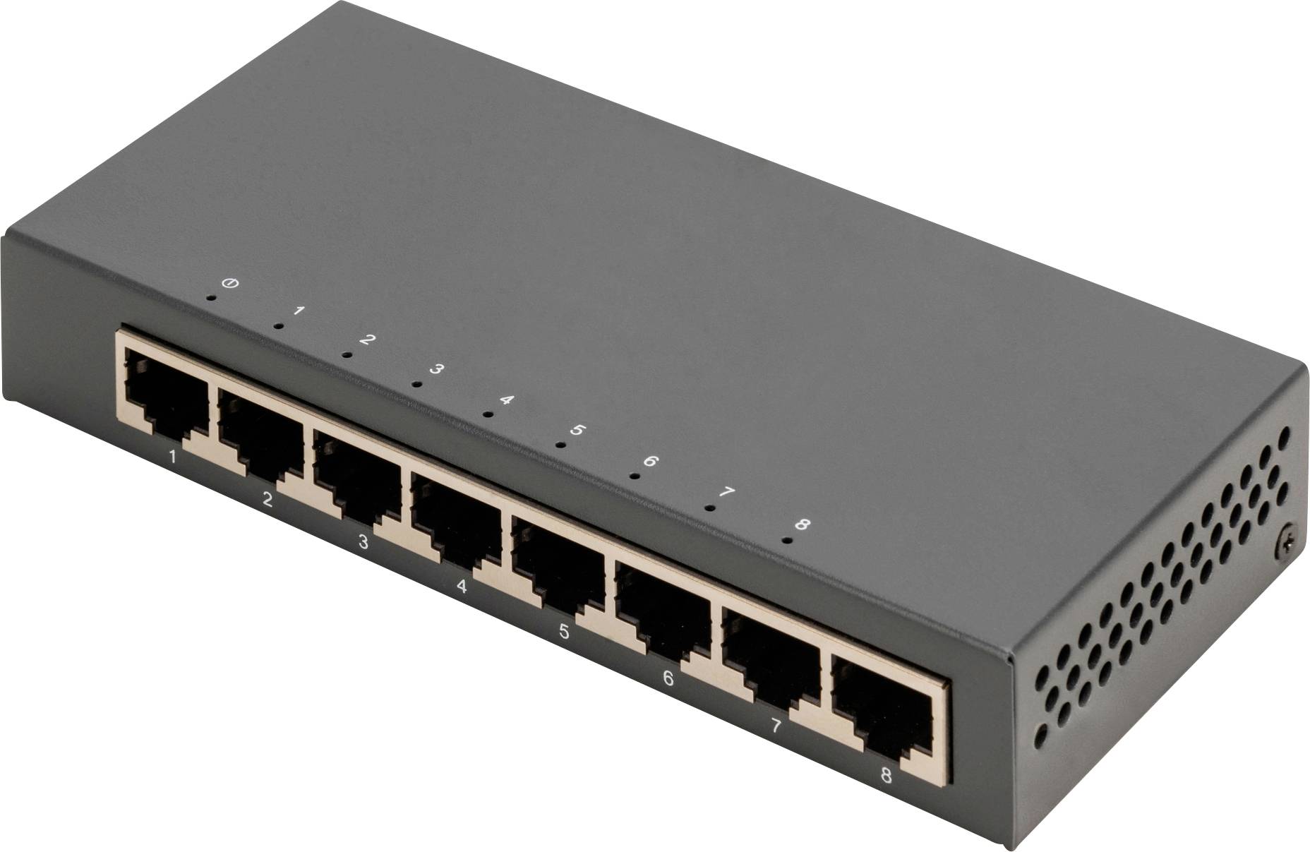 Ein schwarzer Netzwerk-Switch mit acht Ethernet-Ports, nummeriert von 1 bis 8, auf einer weißen Oberfläche.