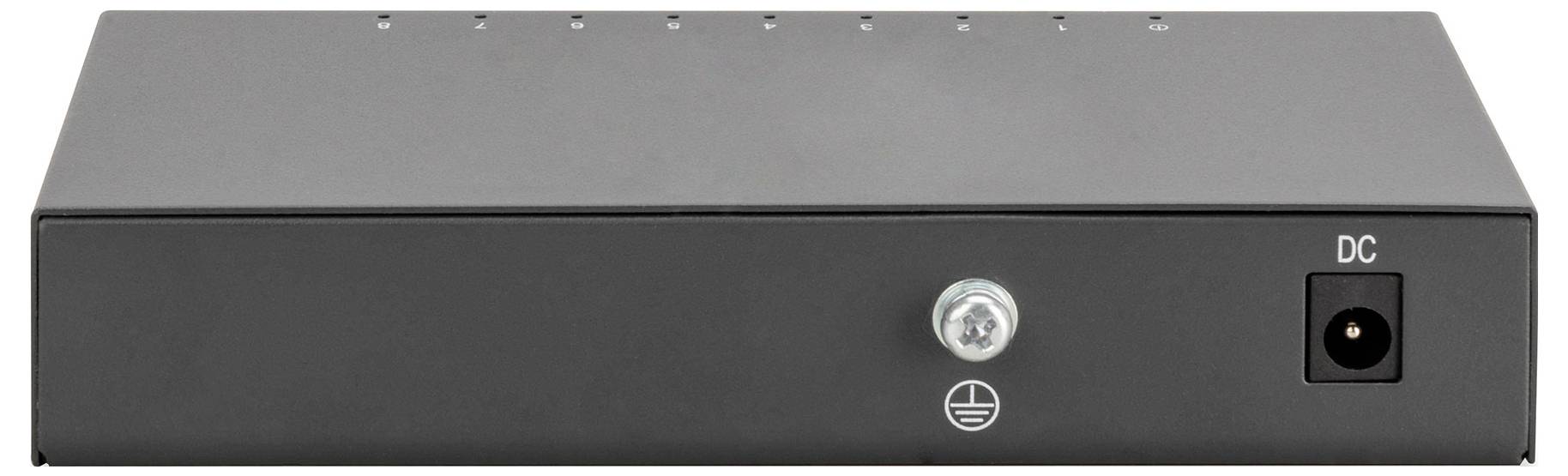 Ein schwarzes elektronisches Gerät, vermutlich ein Netzwerkgerät, mit einem DC-Stromanschluss und einer Erdungsschraube auf der Vorderseite.