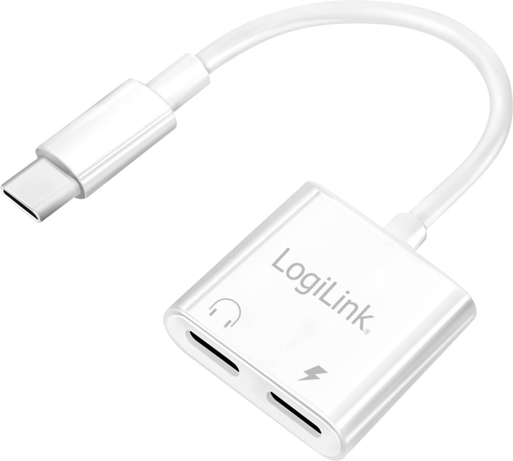 Adapter mit USB-C-Stecker und zwei Buchsen: eine für Kopfhörer (Symbol) und eine für Stromversorgung (Blitzsymbol), Marke 'LogiLink'.