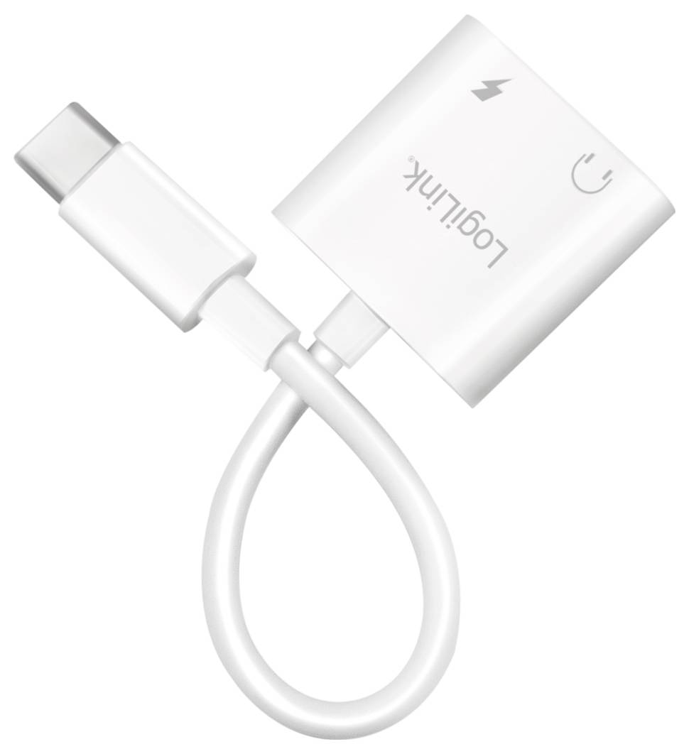 Ein weißer USB-C-Adapter mit einem Thunderbolt-Symbol und der Aufschrift 'Logilink' auf der Oberseite, zeigt seine Anschlüsse.