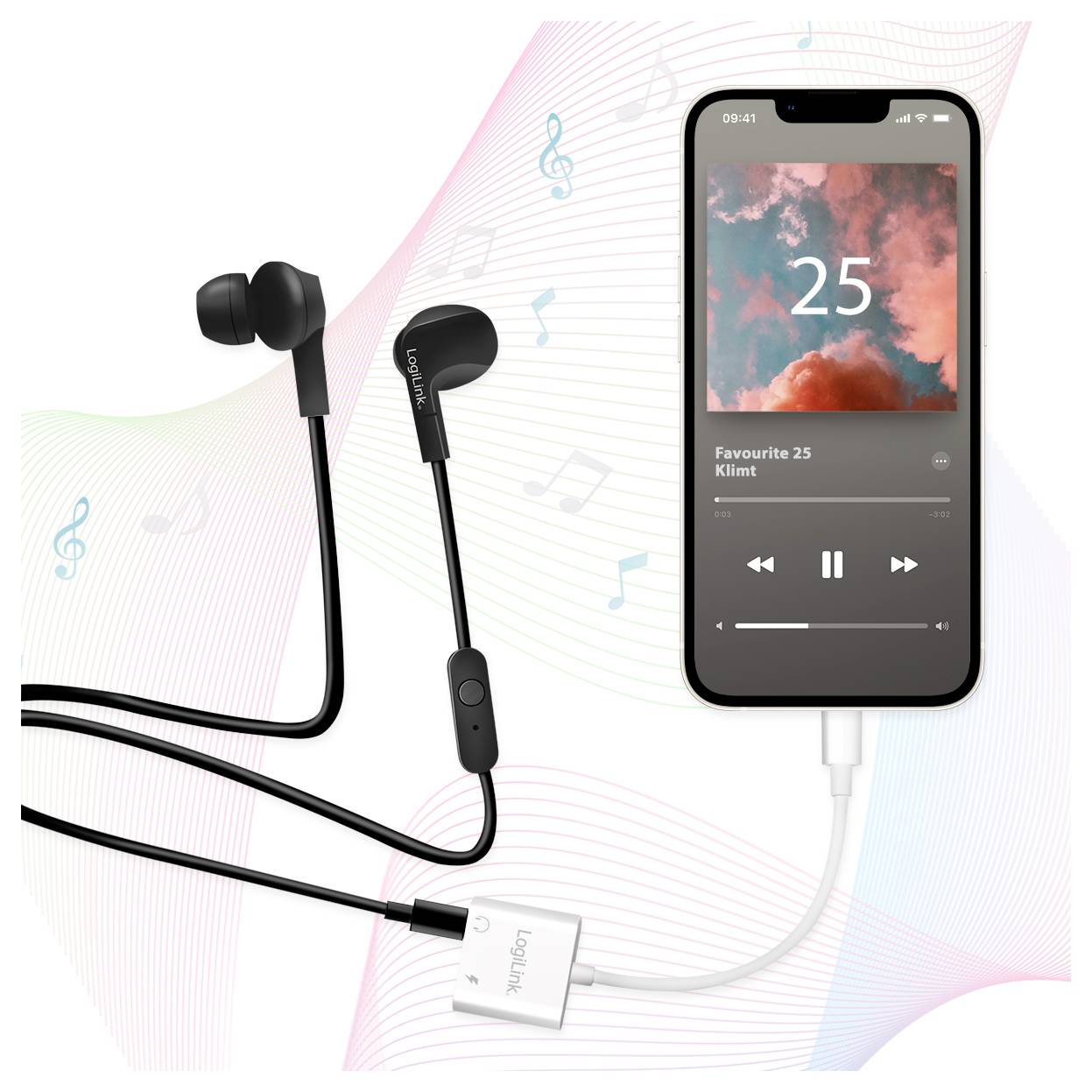 Ein Smartphone zeigt einen Musik-Player mit dem Song 'Favourite 25' von Klimt. Ohrhörer sind mit dem Gerät verbunden.