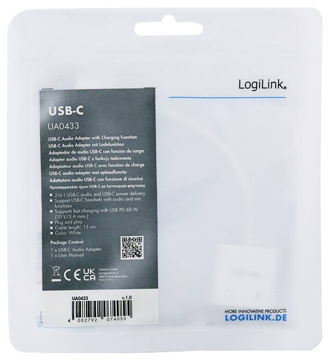 Eine Verpackung von LogiLink für einen USB-C Adapter mit Ladefunktion, inklusive Audio-Adapter, Etikett enthält QR-Code.