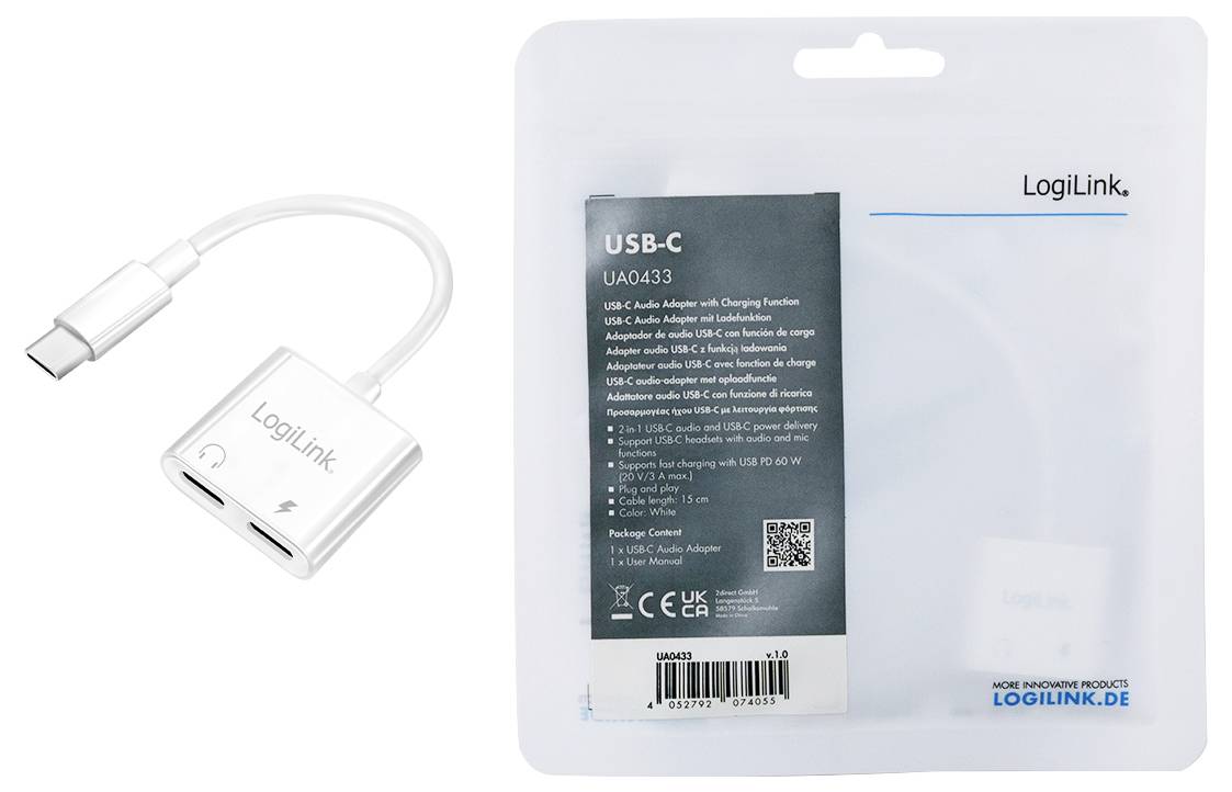 Ein USB-C-Audioadapter von LogiLink mit Ladefunktion, Modell UA0433, in weißer Verpackung. Adapter zeigt zwei Anschlüsse.